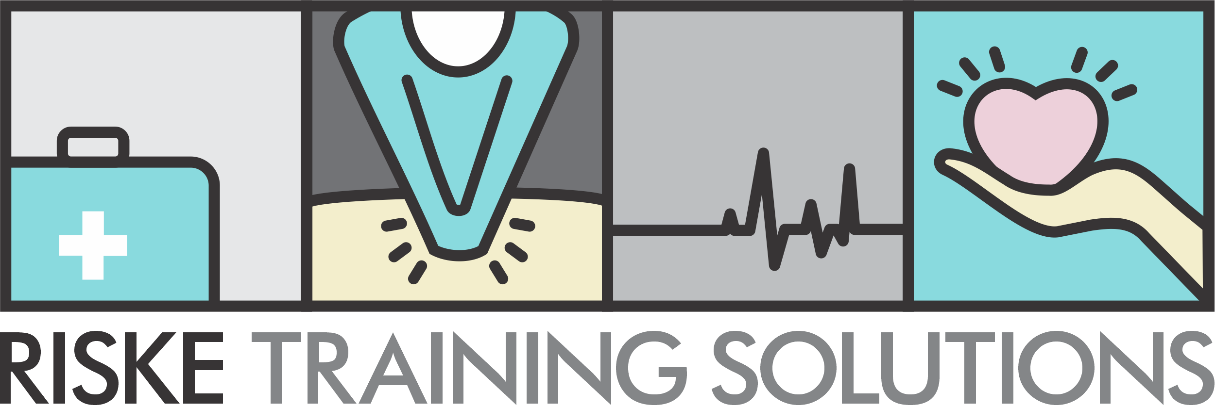 business logo with a cartoon images of a first aid kit, cpr, an echocardiogram, and a hand and heart